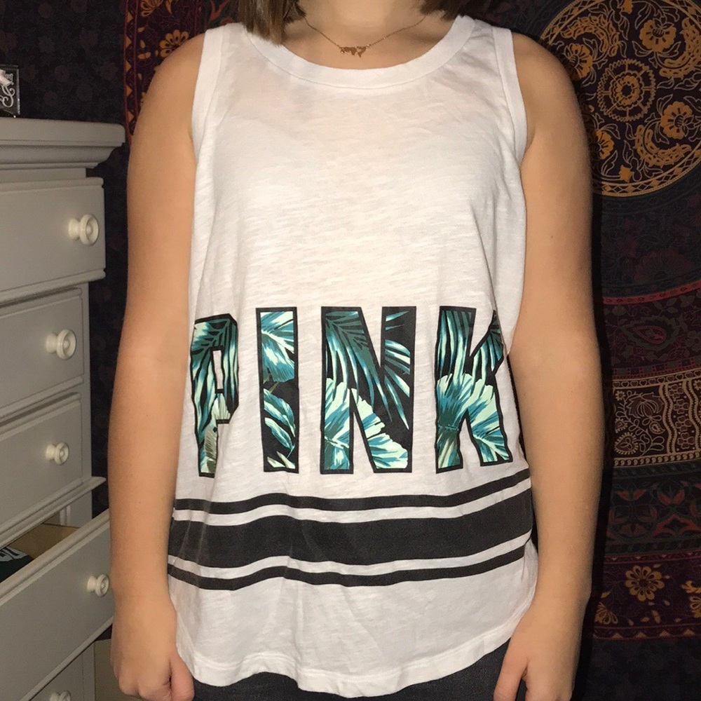Pink White & Blue Tropical Print Muscle Tank
